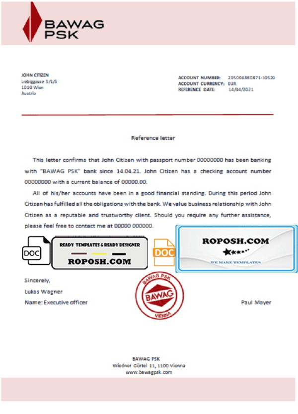 Austria BAWAG PSK bank account reference letter template in Word and PDF format