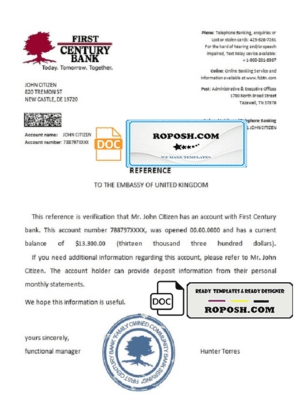 USA First Century Bank bank account reference letter template in Word and PDF format