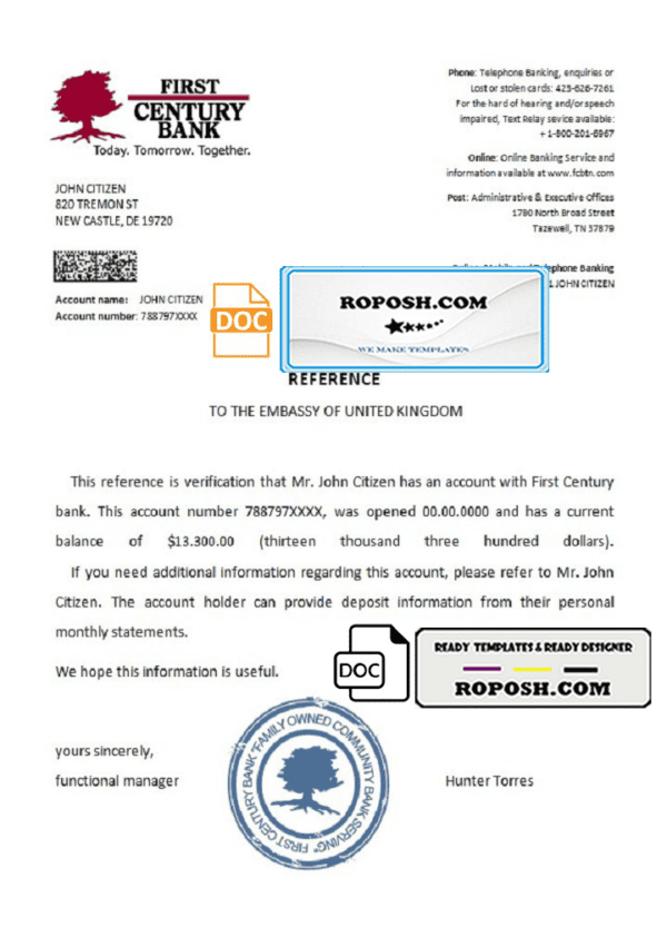 USA First Century Bank bank account reference letter template in Word and PDF format