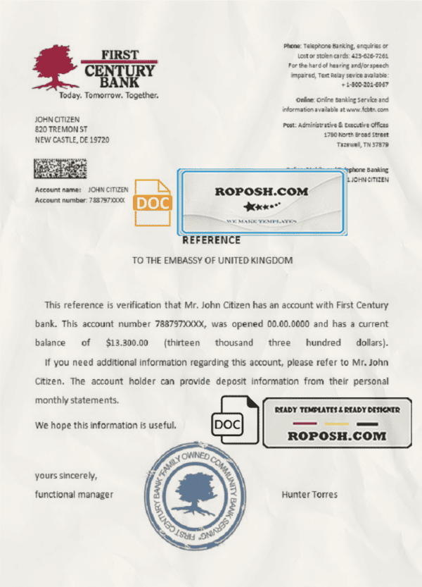 USA First Century Bank bank account reference letter template in Word and PDF format