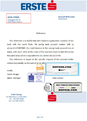 Austria Erste bank account reference letter template in Word and PDF format