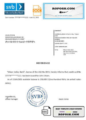 USA Silicon Valley Bank bank account reference letter template in Word and PDF format