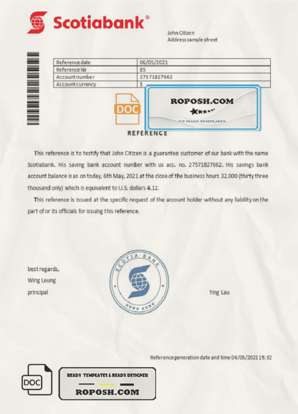 Hong Kong Scotiabank reference letter template in Word and PDF format