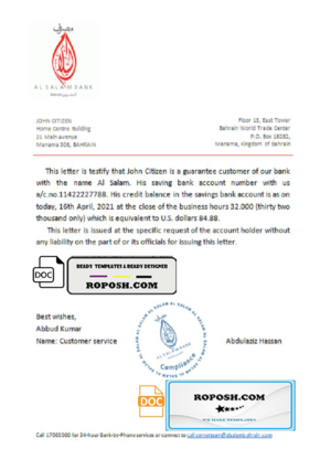 Bahrain Al Salam bank reference letter template in Word and PDF format