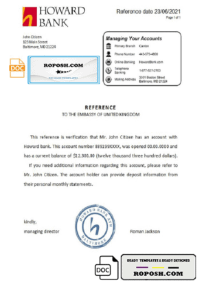 USA Howard Bank bank account reference letter template in Word and PDF format