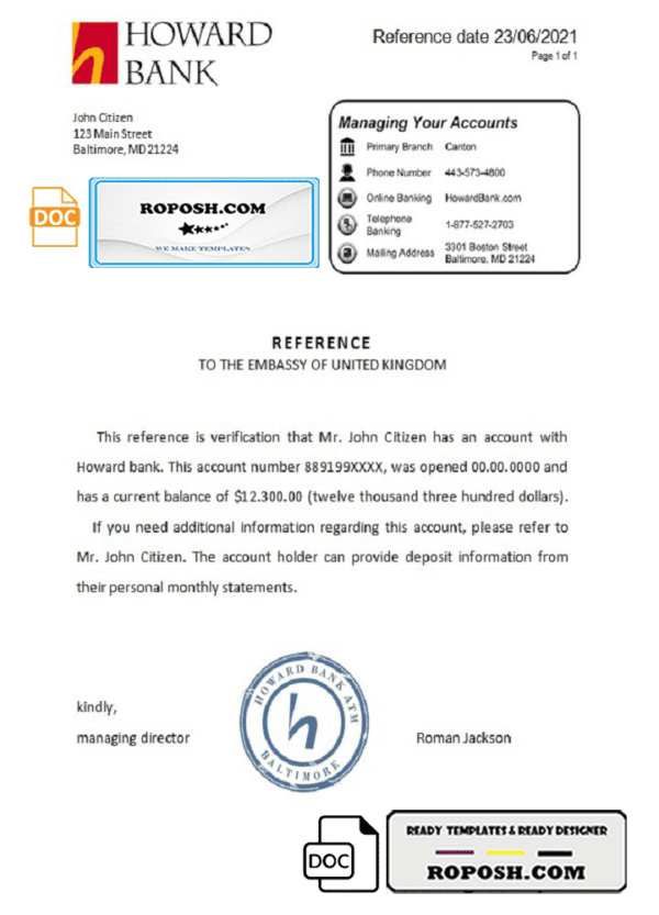 USA Howard Bank bank account reference letter template in Word and PDF format