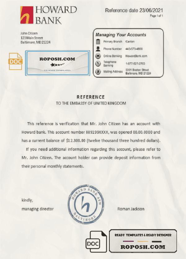USA Howard Bank bank account reference letter template in Word and PDF format