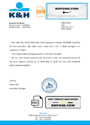 Hungary K&H bank reference letter template in Word and PDF format