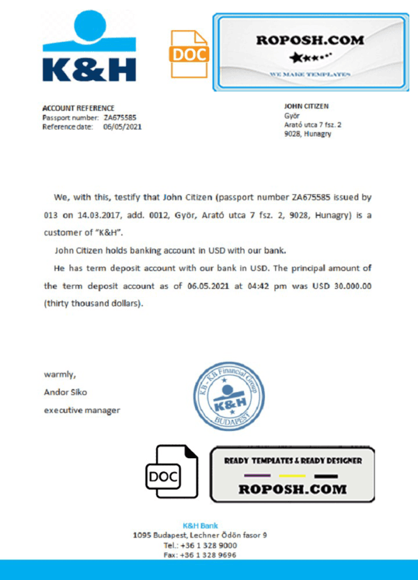 Hungary K&H bank reference letter template in Word and PDF format