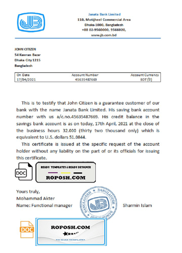 Bangladesh Janata bank account reference letter template in Word and PDF format