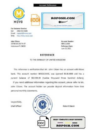 USA Movo bank account reference letter template in Word and PDF format