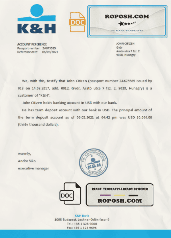 Hungary K&H bank reference letter template in Word and PDF format