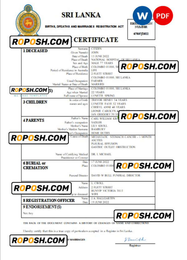 Sri Lanka vital record death certificate Word and PDF template