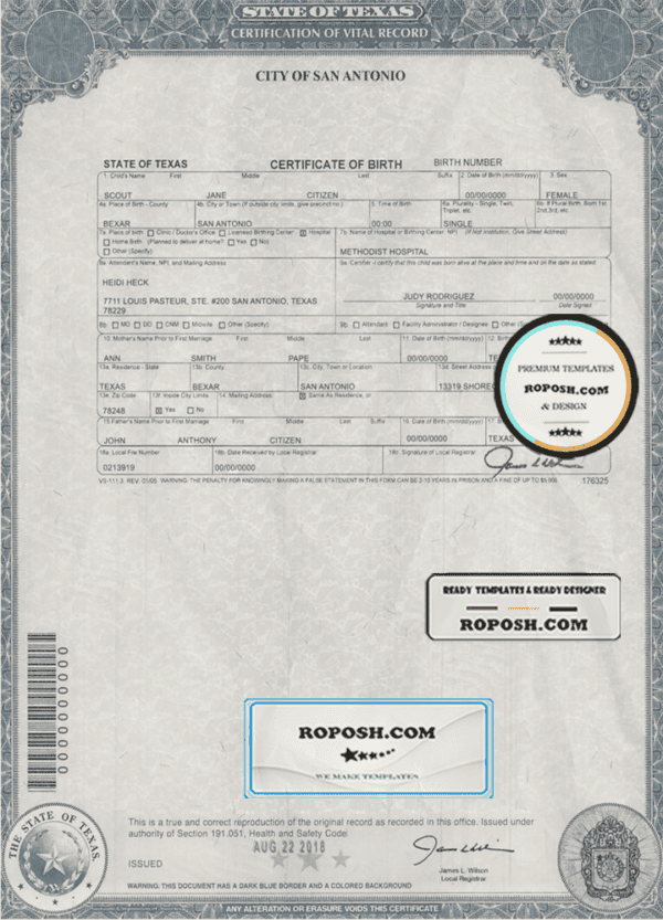 USA Texas state birth certificate template in PSD format, fully editable