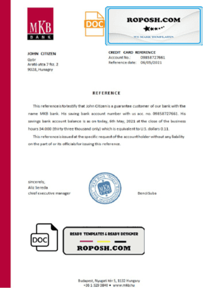 Hungary MKB bank reference letter template in Word and PDF format