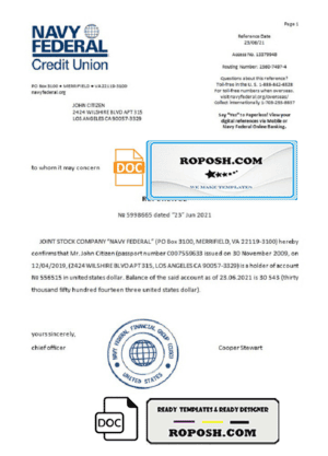 USA Navy Federal bank account reference letter template in Word and PDF format