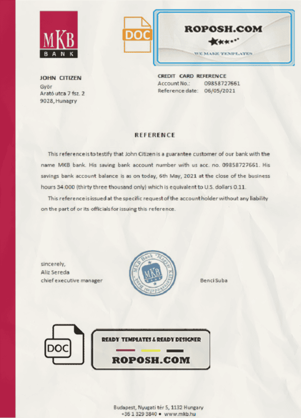 Hungary MKB bank reference letter template in Word and PDF format