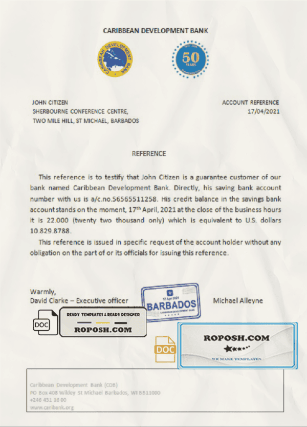 Barbados Caribbean Development Bank reference letter template in Word and PDF format