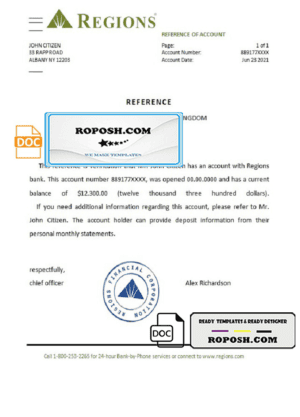 USA Regions bank account reference letter template in Word and PDF format