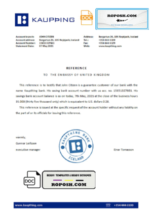 Iceland Kaupthing bank reference letter template in Word and PDF format