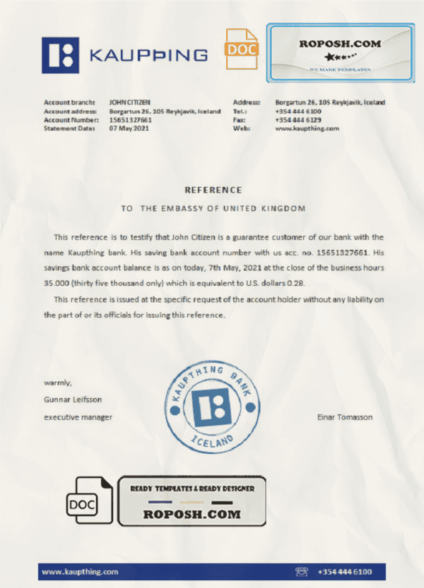 Iceland Kaupthing bank reference letter template in Word and PDF format