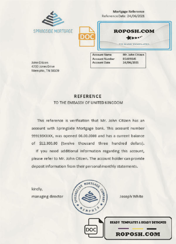USA Springside Mortgage bank account reference letter template in Word and PDF format