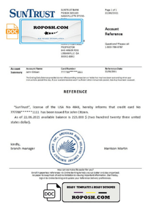 USA SunTrust bank account reference letter template in Word and PDF format