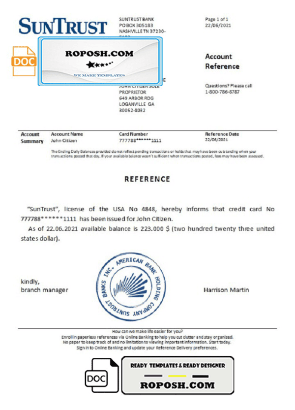 USA SunTrust bank account reference letter template in Word and PDF format
