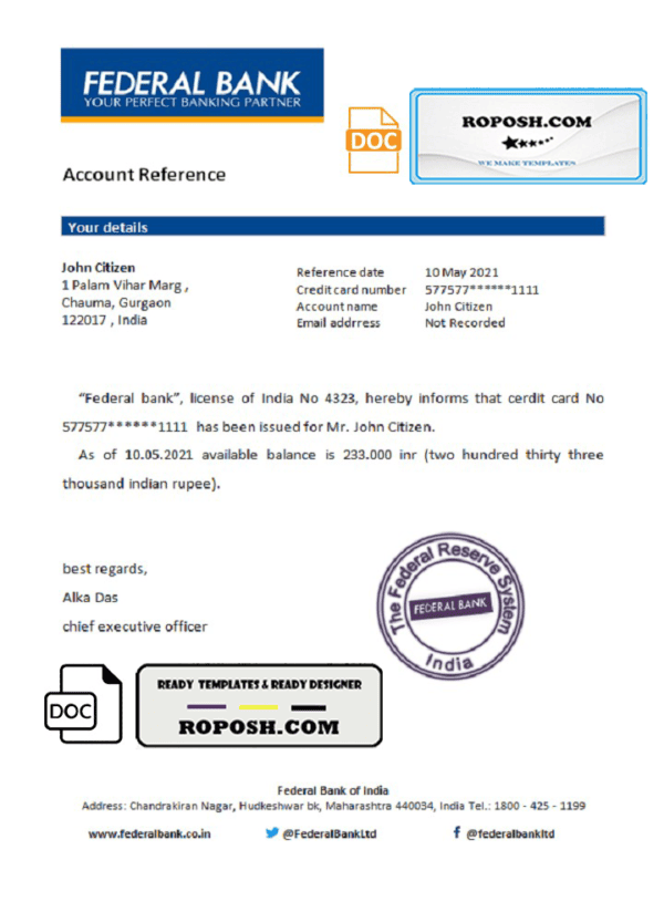 India Federal bank reference letter template in Word and PDF format