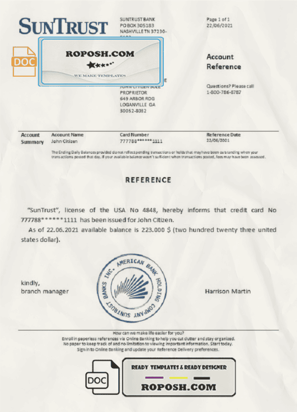 USA SunTrust bank account reference letter template in Word and PDF format