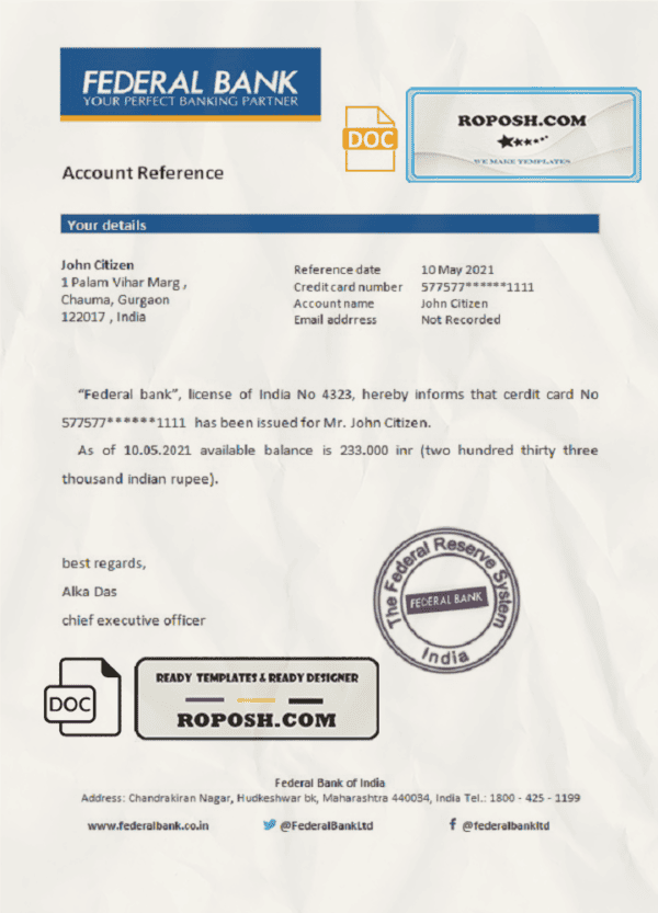 India Federal bank reference letter template in Word and PDF format