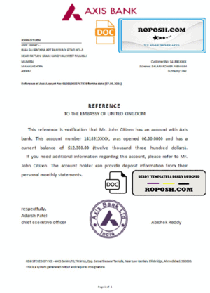 India Axis bank reference letter template in Word and PDF format