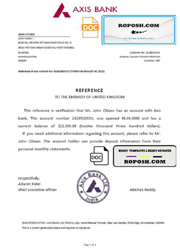 India Axis bank reference letter template in Word and PDF format