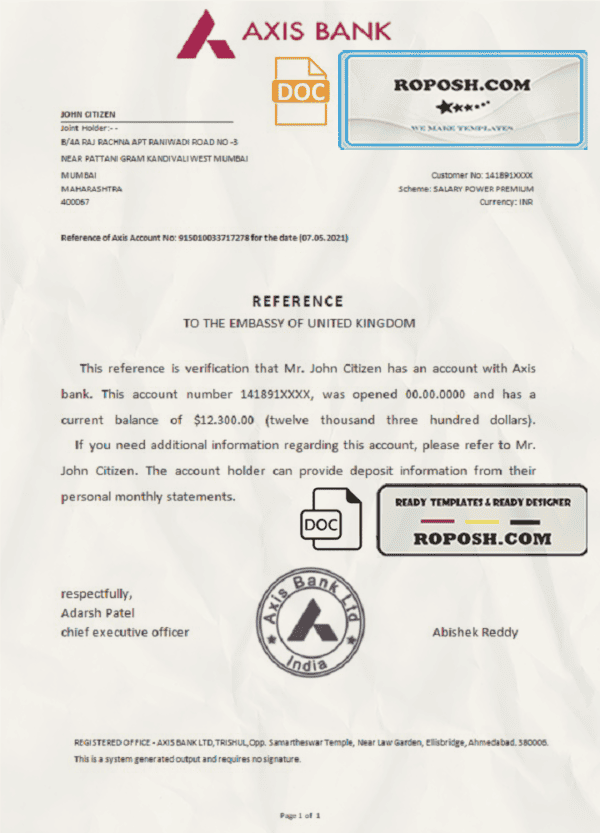 India Axis bank reference letter template in Word and PDF format
