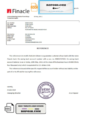 India Finacle bank reference letter template in Word and PDF format