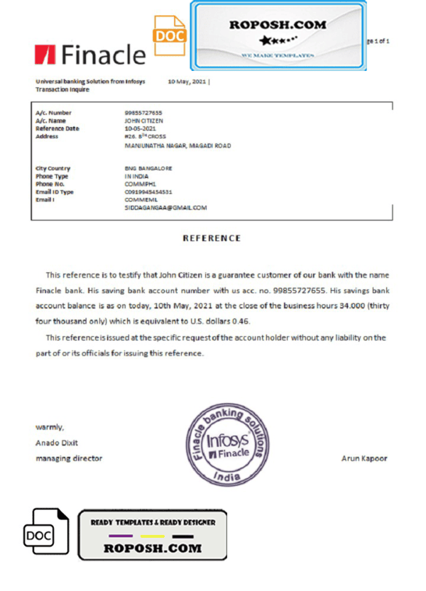 India Finacle bank reference letter template in Word and PDF format