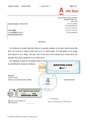 Belarus Alfa bank reference letter template in Word and PDF format