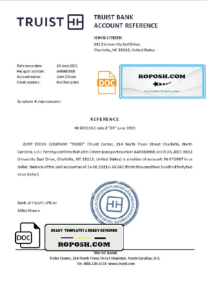 USA Truist Bank bank account balance reference letter template in Word and PDF format