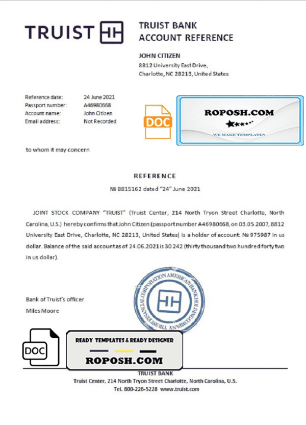 USA Truist Bank bank account balance reference letter template in Word and PDF format