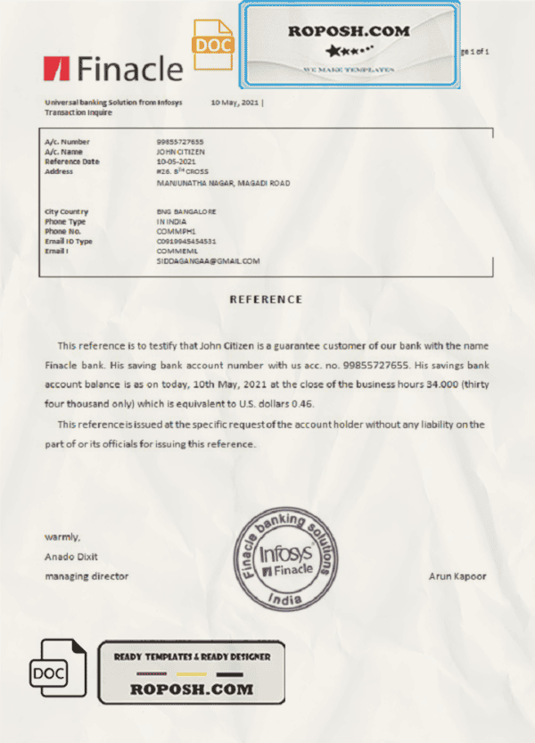 India Finacle bank reference letter template in Word and PDF format