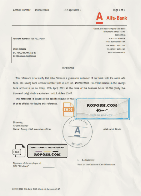 Belarus Alfa bank reference letter template in Word and PDF format