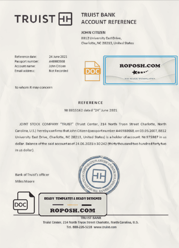 USA Truist Bank bank account balance reference letter template in Word and PDF format