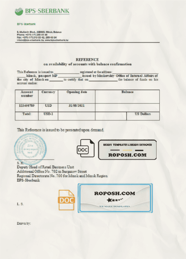 Belarus BPS-SBERBANK reference letter template in Word and PDF format