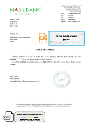 India Nabil bank reference letter template in Word and PDF format