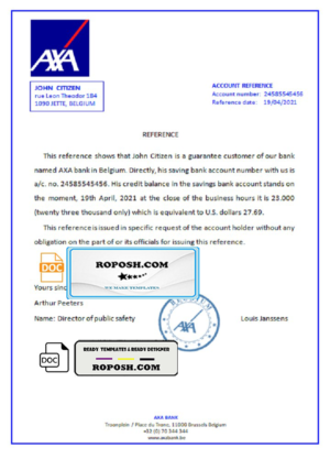 Belgium AXA bank account reference letter template in Word and PDF format