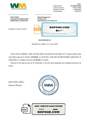 USA WM bank account reference letter template in Word and PDF format