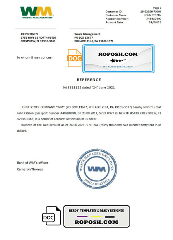 USA WM bank account reference letter template in Word and PDF format