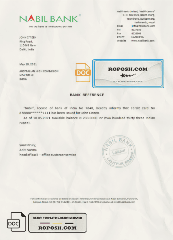 India Nabil bank reference letter template in Word and PDF format