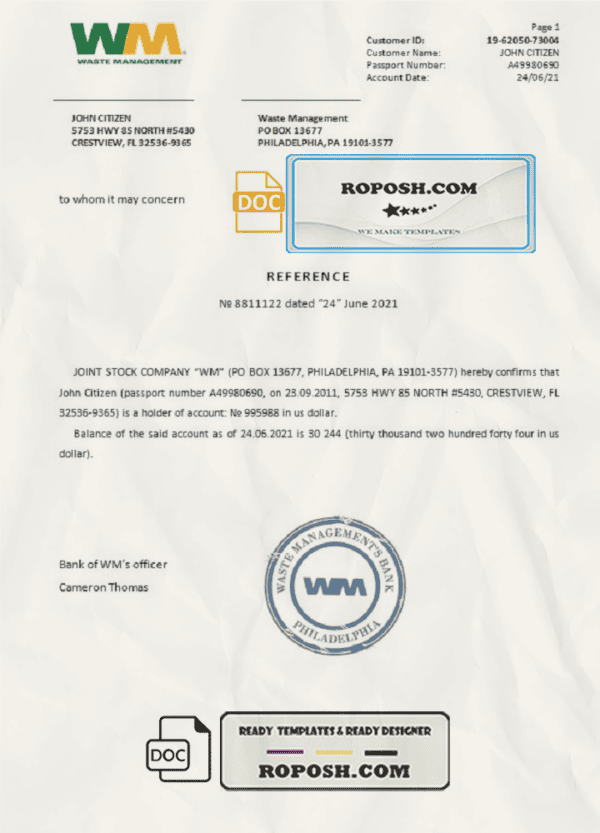 USA WM bank account reference letter template in Word and PDF format