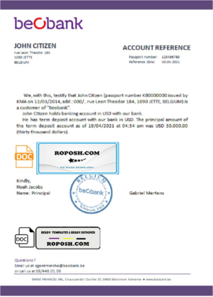 Belgium Beobank account reference letter template in Word and PDF format